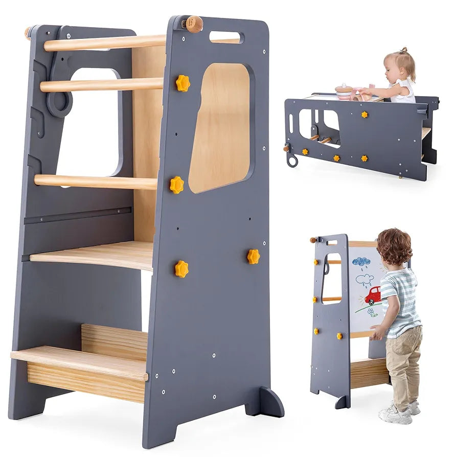 4-in-1 Wooden Toddler Learning Tower: Kitchen Helper, Table, Chair & Easel - Family Nest