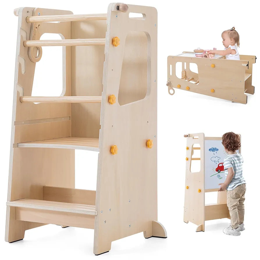 4-in-1 Wooden Toddler Learning Tower: Kitchen Helper, Table, Chair & Easel - Family Nest