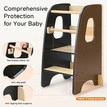 4-in-1 Wooden Toddler Learning Tower: Kitchen Helper, Table, Chair & Easel - Family Nest
