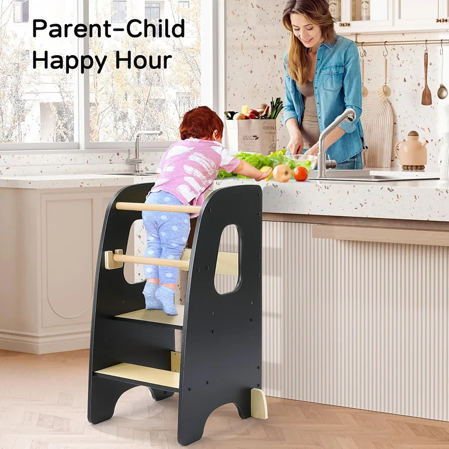 4-in-1 Wooden Toddler Learning Tower: Kitchen Helper, Table, Chair & Easel - Family Nest