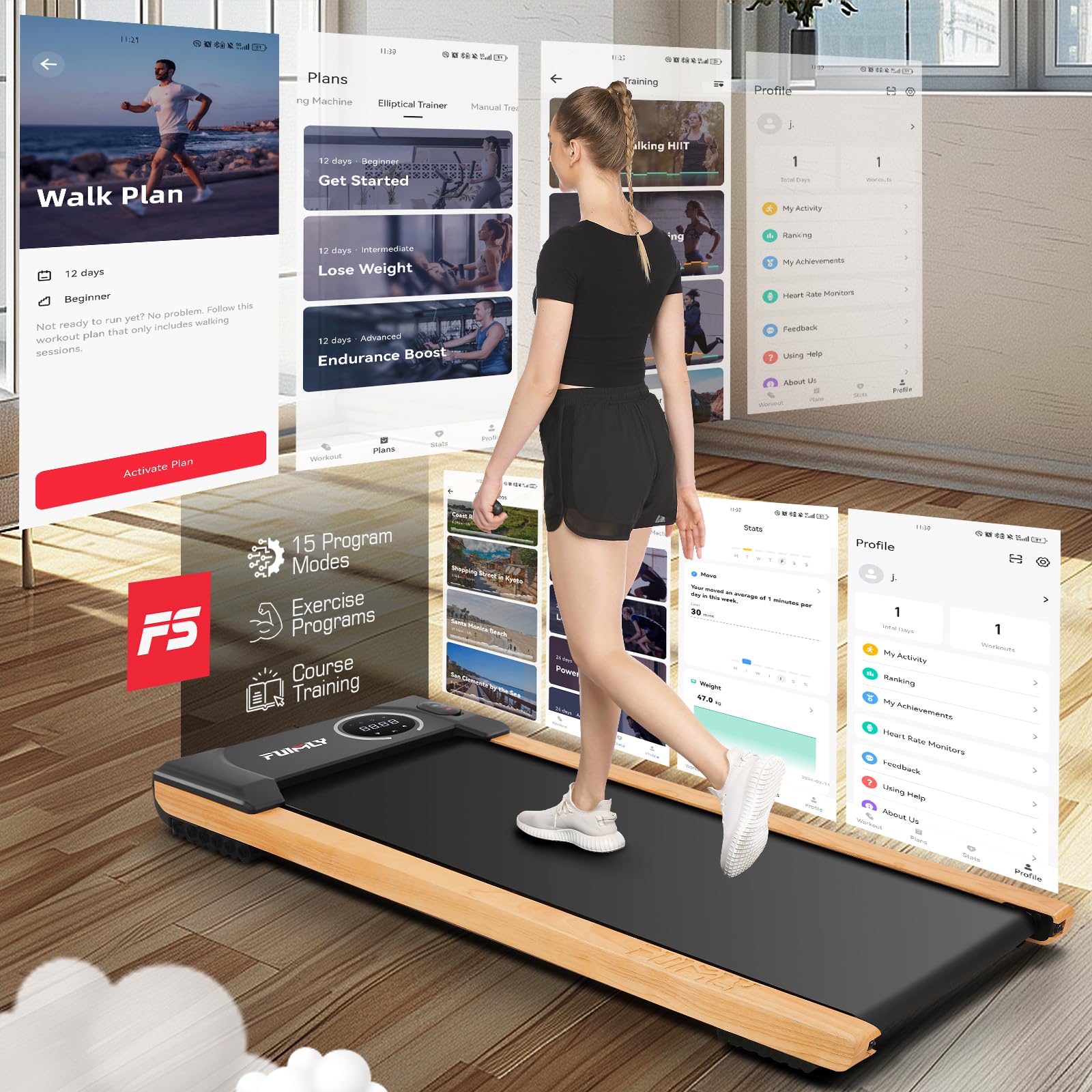 FUNMILY 2-in-1 Wooden Under-Desk Treadmill with Smart App & Incline - Family Nest