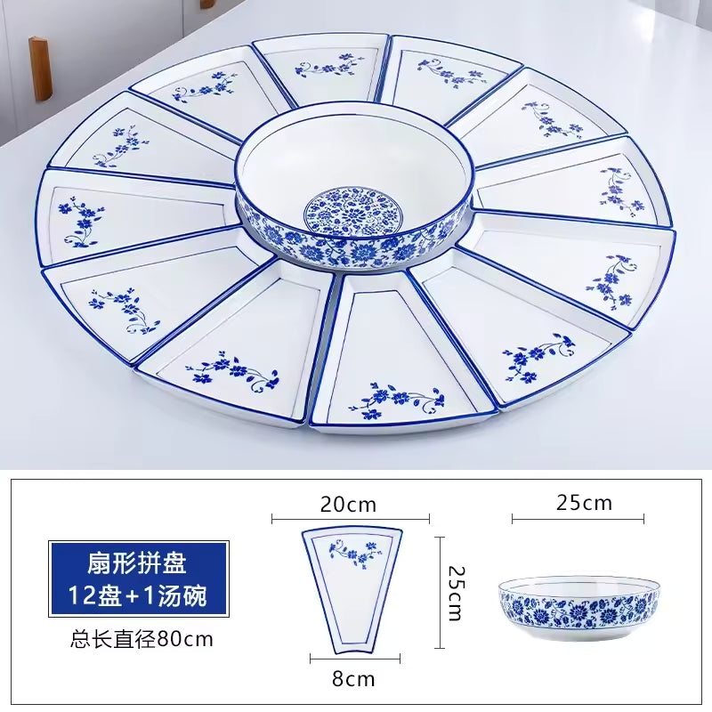 Azure Bloom Ceramic Serving Platter - 13-Piece Set - Family Nest