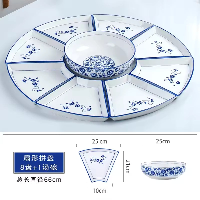 Azure Bloom Ceramic Serving Platter - 13-Piece Set - Family Nest