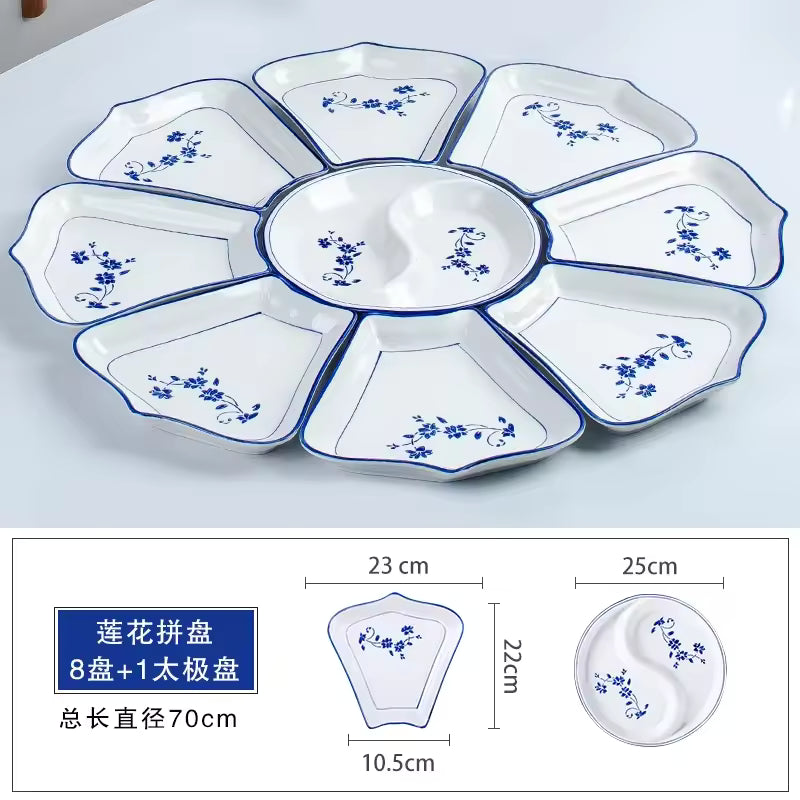Azure Bloom Ceramic Serving Platter - 13-Piece Set - Family Nest