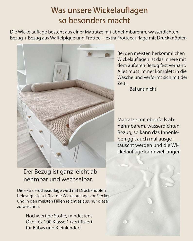 Luxury Waffle Piqué Changing Mat Cover with Waterproof Liner & Safety Bolsters (Fits IKEA Hemnes/Malm)