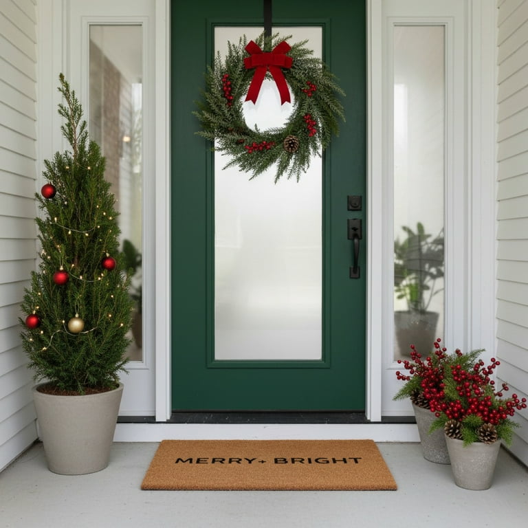 Merry & Bright" Christmas Doormat - Natural Coir Holiday Welcome Mat