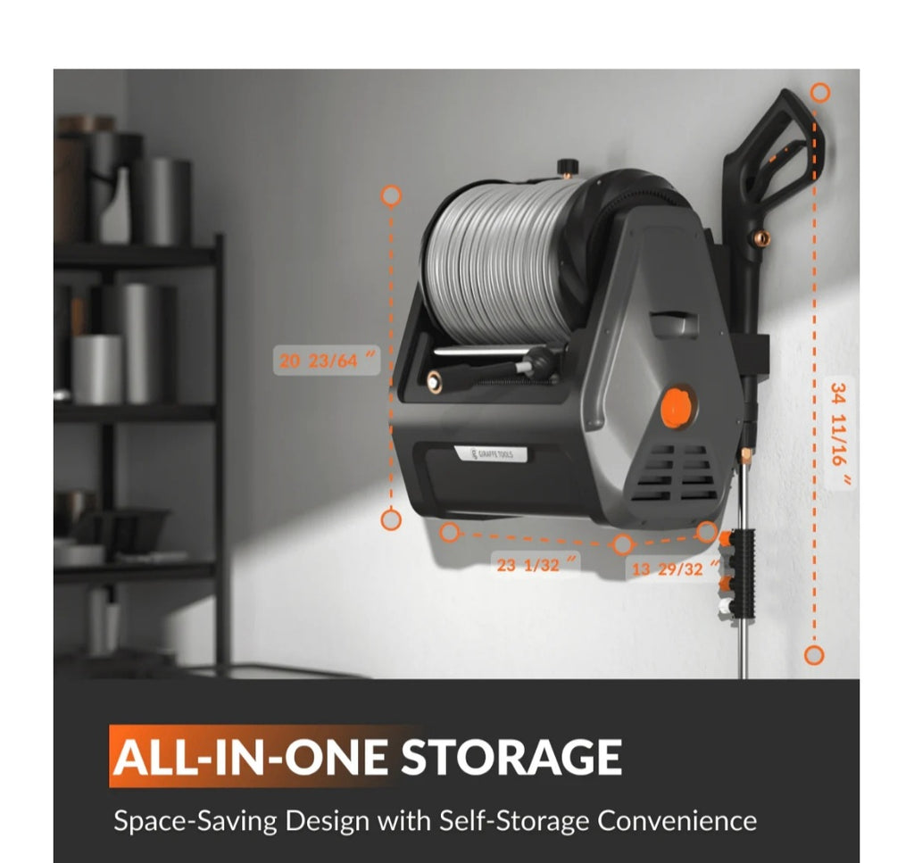 Retractable Electric Pressure Washer | Wall-Mounted with 100ft Hose Reel & Auto-Retract System