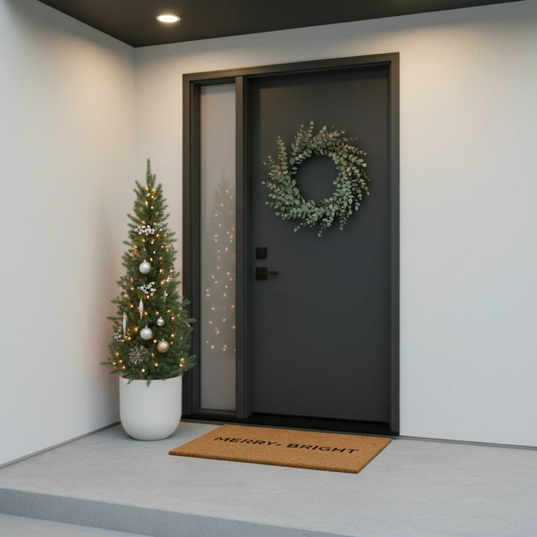 Merry & Bright" Christmas Doormat - Natural Coir Holiday Welcome Mat