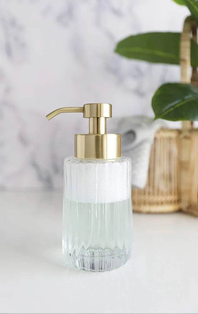Flora Foaming Soap Dispenser – Vintage-Inspired Fluted Glass & Refillable Modern Gold Pump for Kitchen & Bath